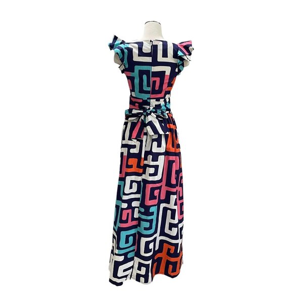 Diyanu Ruffle Sleeve Maxi Dress Geometric Print Bold Summer Statement Cotton - Picture 10 of 14